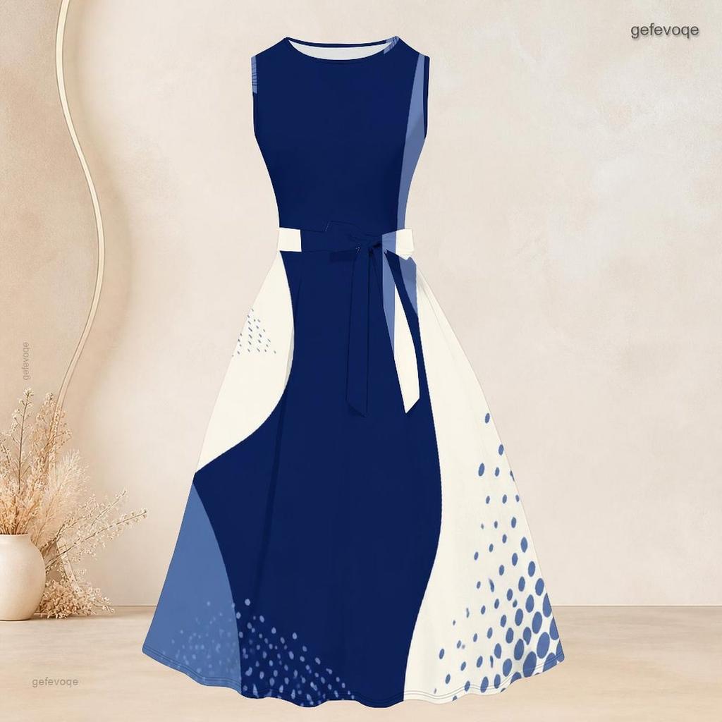 Women Plus Size Off White Printed Two Piece Set Sleeveless Round Neck Tie Waist Flare Dress And Long Sleeve Open Cardigan