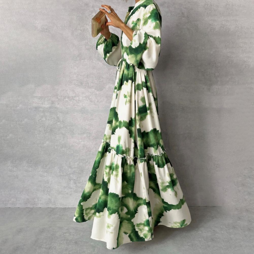 Šaty do áčka s výstřihem do V Elegantní maxi šaty s výstřihem do V a zvonovými rukávy Umělecký potisk pro maturitní plesy koktejlové večírky Dámské šaty