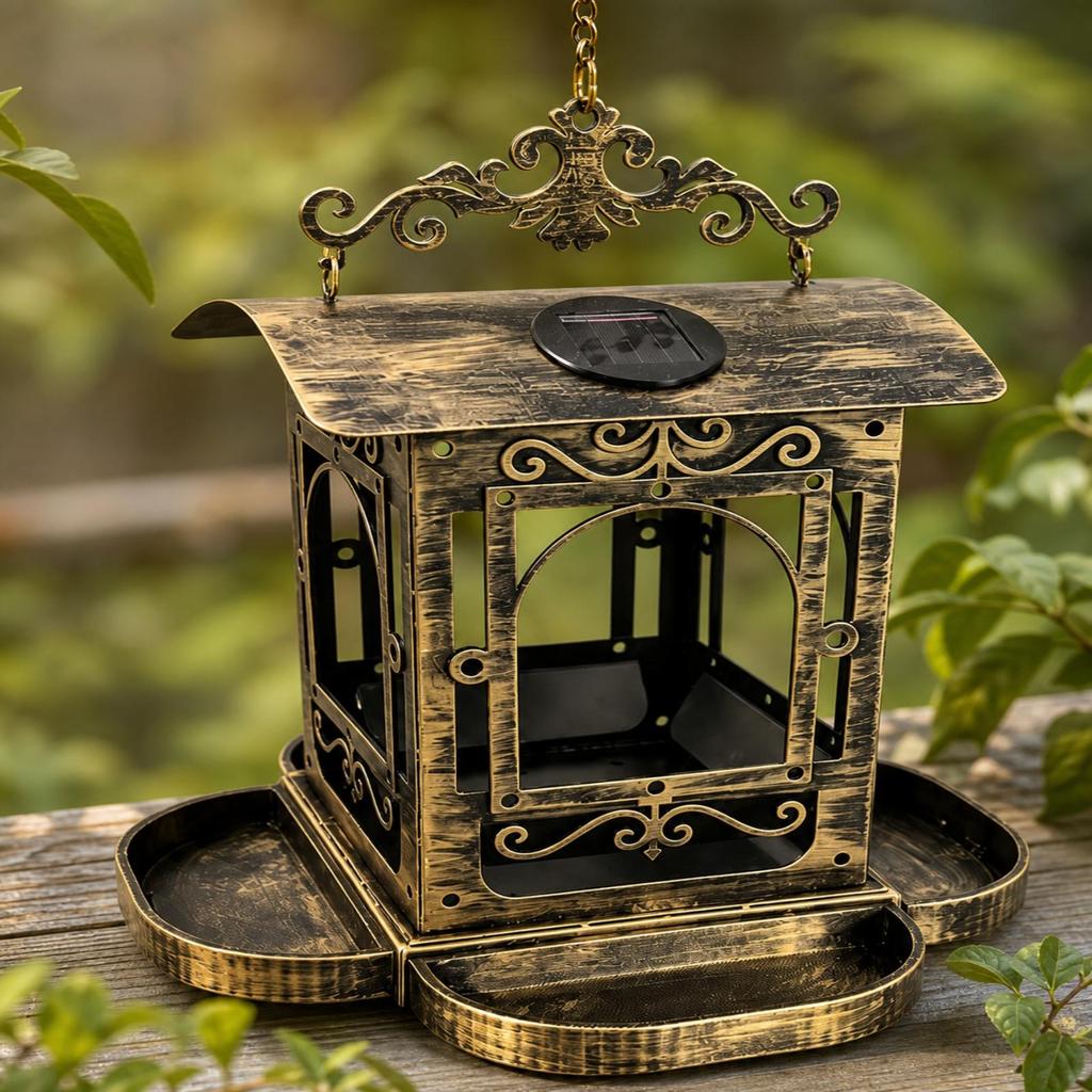 Vogelvoederhuisje met Zonne-energie Lamp Antiek Brons Schaal LantaarnStijl voor Tuiniers,