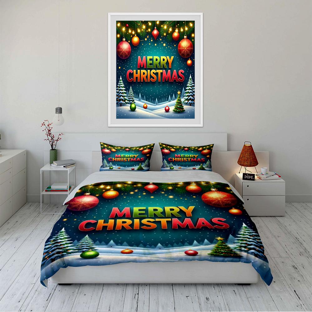 Christmas Tree and Ornaments Pattern Bedding Set (1 Duvet Cover, 2 Pillowcases, Duvet Not Included)