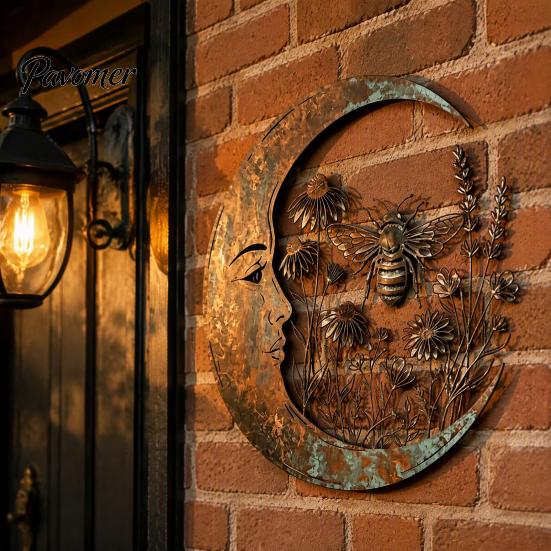 Durable Metal Craft for Garden Vintage Crescent Moon Wall Art, Fairy Witch Bee Dragonfly Iron Hanging Rustic Turquoise Home Accents Decor, Sculpture