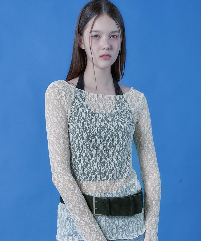 KOLEAT See-Through Wrinkle Lace Long Sleeve T-Shirt Inner [3 Colors] 619
