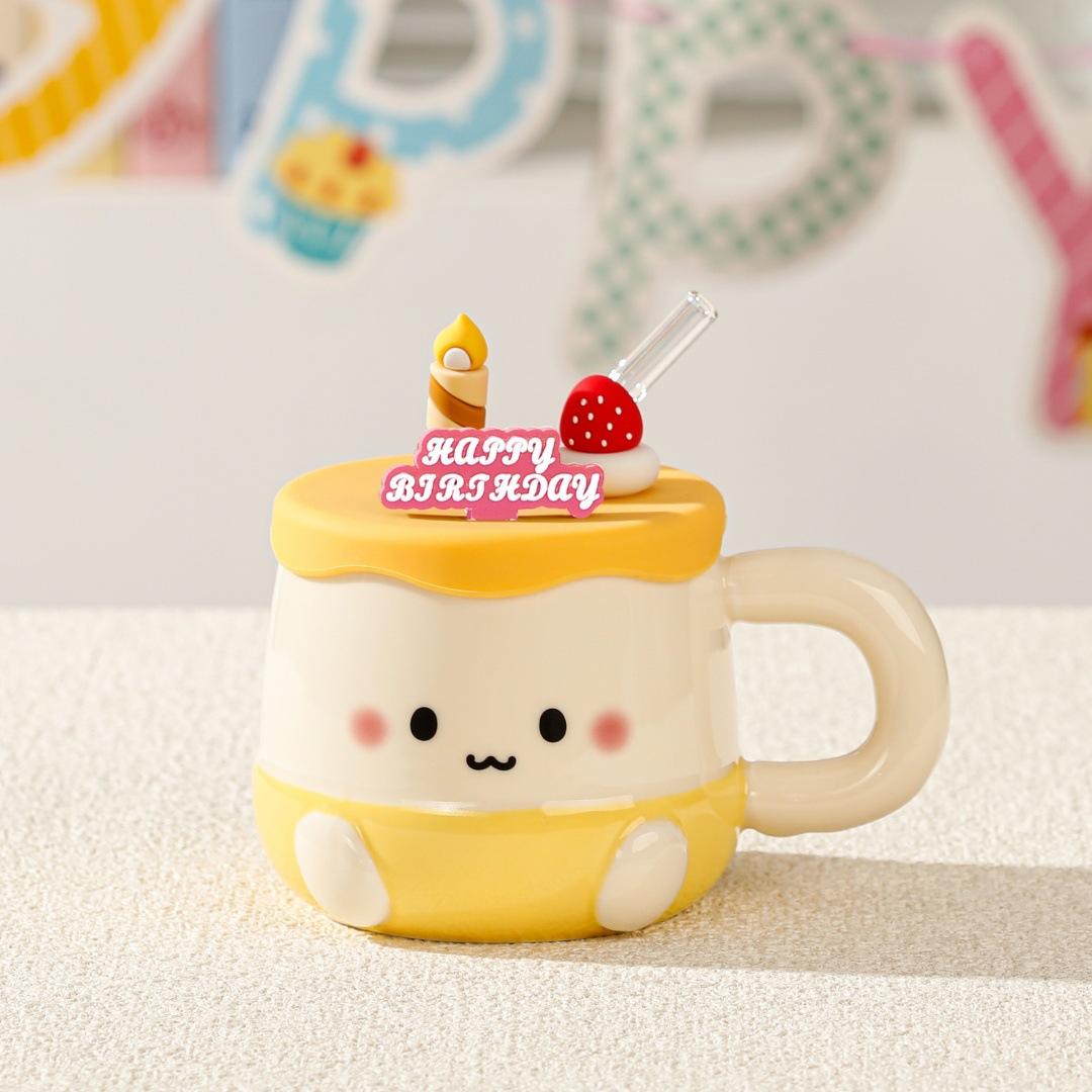 Cartoon birthday gift themed cup with lid mug cute girl set water cup souvenir gift ceramic cup ≈460ml