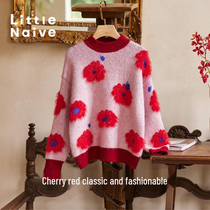 Little Naive Girls' Color-Block Floral Winter Knit Sweater