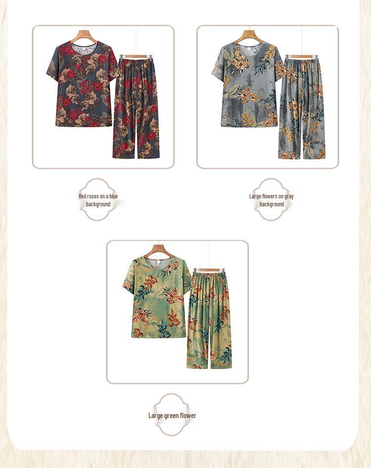 Stylish Short-Sleeved Printed Casual Summer Set for Middle-Aged Women, Lightweight Plus Size Pajamas, Versatile for Home or Outdoor Wear.