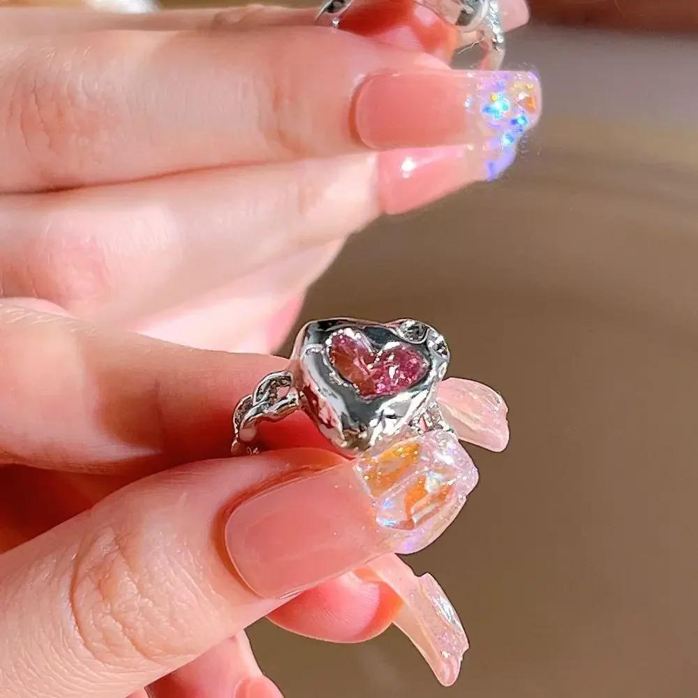 Adjustable Crystal Rings Y2K Pink Irregular Geometry Vintage Bowknot Heart Ring Set for Women Girl 2023 New Fashion Jewelry Gift