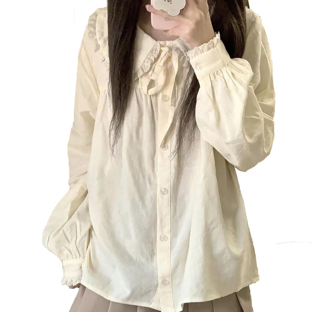 LAVASEON Overall Skirt Sweet Long Sleeve Lace and Pleated Mori Girl Perfect for Korean and School Festivals Women's 2-Piece Set, Mass-Produced Dress,