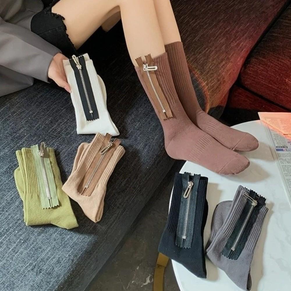 Mid Tube Metal Zipper Socks Sweat-absorbent Knitted Socks Personalized Mid-length Tube Socks Women