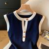 Women's Sleeveless T-shirt Elegant Button Round Neck Colorblock Knit Sleeveless Tshirts Cami Summer Elasticity Commuting Tops
