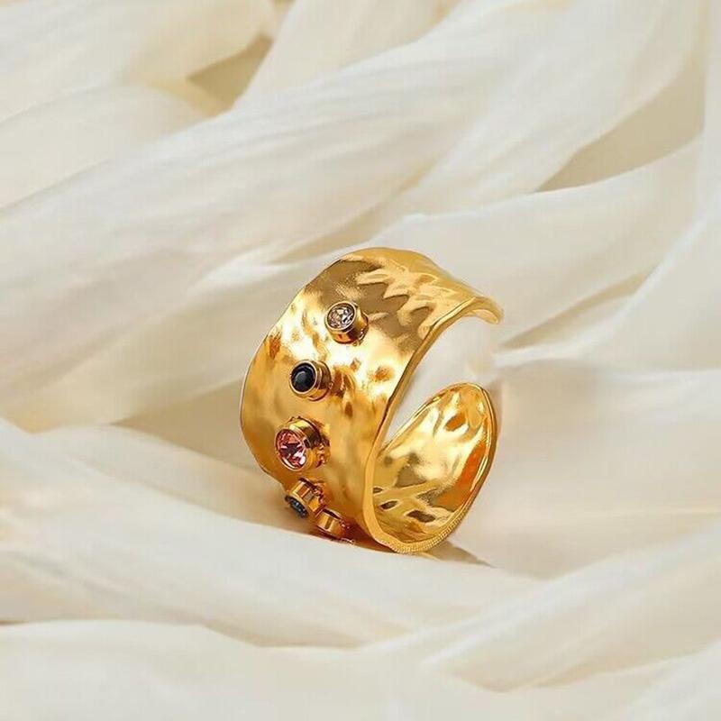 Stainless Steel Colorful Crystal Zirconia Ring for Women Vintage Elegant Open Adjustable Rings Wedding Party Jewelry Gifts