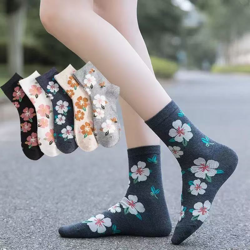 Moda Casual Crew Elegant Damas Calcetines De Algodon Invisibles Con Estampado Flores Corte Bajo Y Ancho Hasta El Tendon De