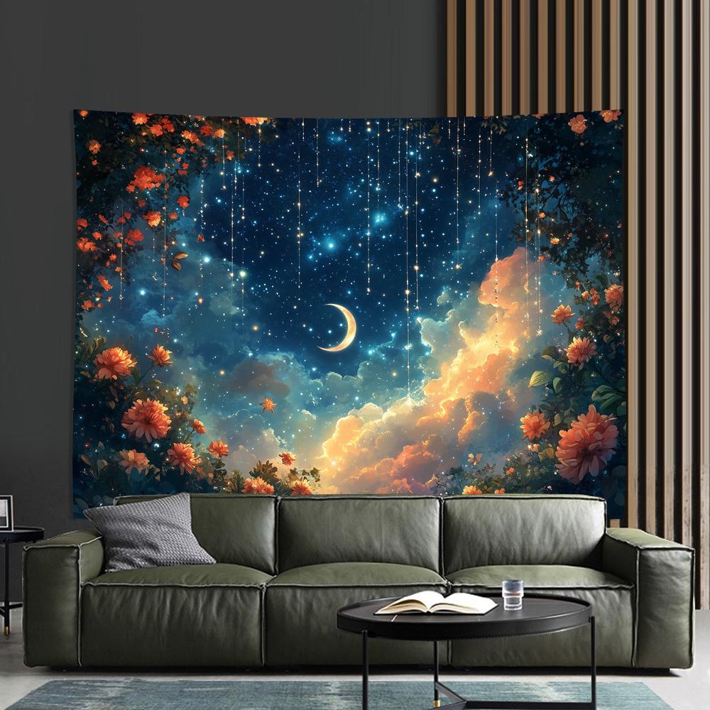 Starry Sky Tapestry, Crescent Moon And Falling Stars With Flowers, Fantasy Night Sky Wall Hanging For Bedroom Living Room