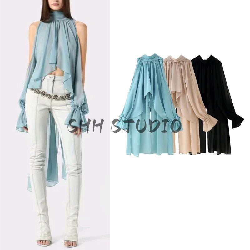 Summer New Product Women's Clothes French Asymmetrical Design Stand Collar Strap Ribbon off-Shoulder Loose Chiffon Long Shirt