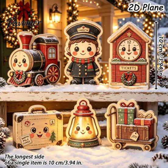 Decorative Christmas Scene Set 6Pcs Wooden Tabletop Signs, Xmas Sign Decor, Santa Winter Holiday Home Accents Snowman Reindeer Gingerbread House