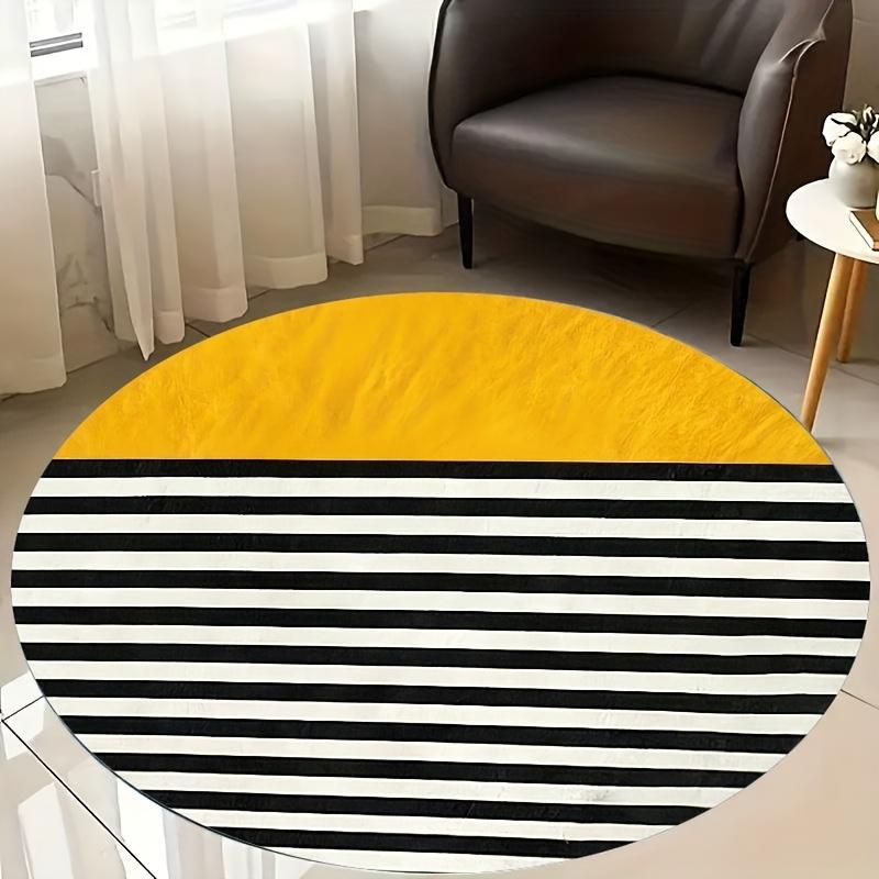 Żółto-czarno-biały geometryczny okrągły dywan w paski Flanelowy Nowoczesny Abstrakcyjny Dywanik Podłogowy Współczesna Dekoracja Domu 39 Calowy Antypoślizgowy Maszynowy