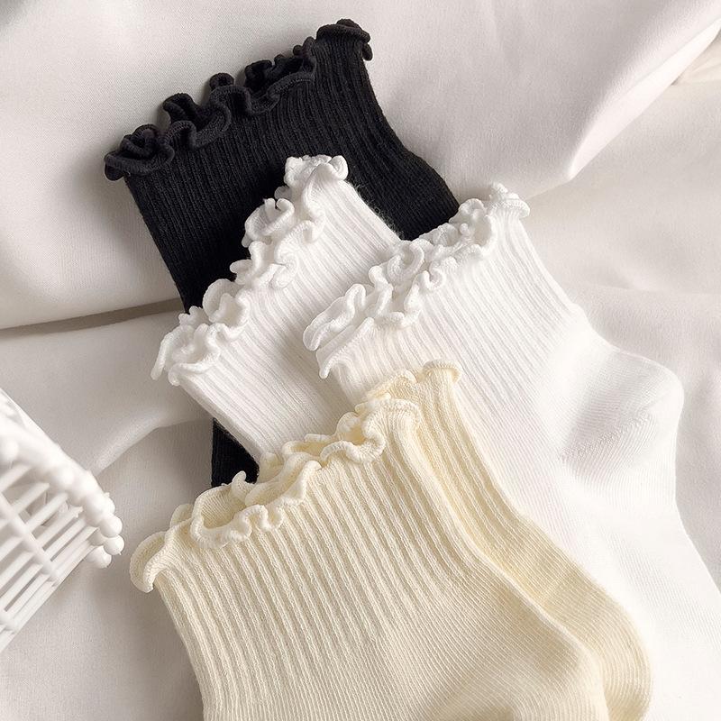 5 Pairs Wooden Ear Side Socks Women's Summer Short Tube Lace Socks Spring and Autumn Socks Tide Socks