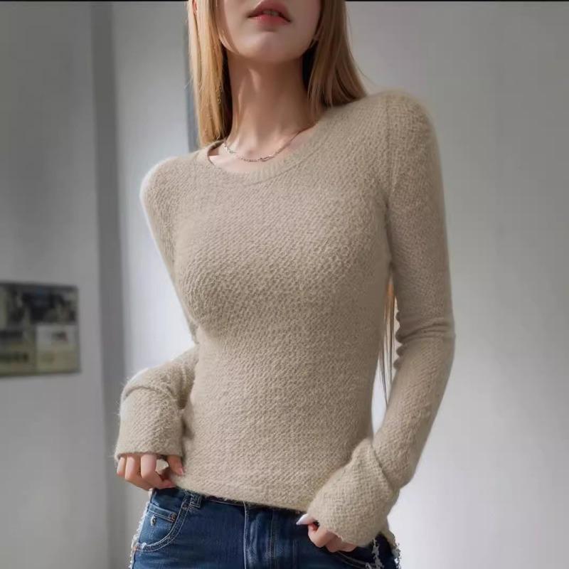 Solid Round Neck Plush T-Shirt. Casual Long Sleeve Top, Spring/Autumn Season, Women'S Clothing