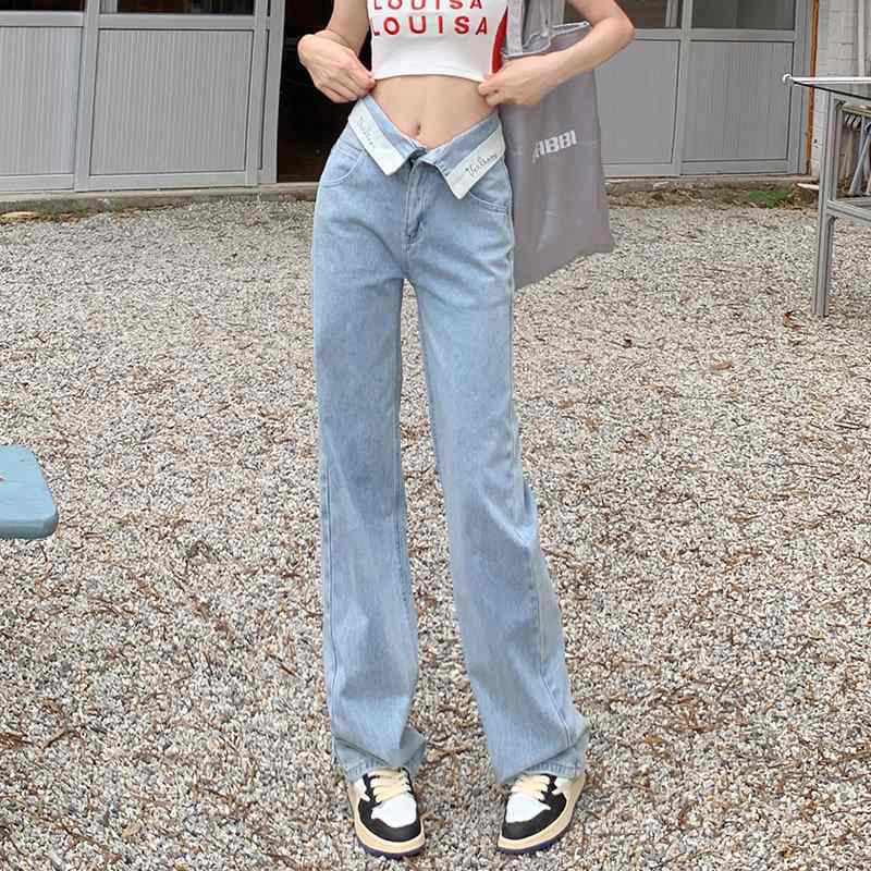 Women s High-Waisted Korean Style Wide-Leg Jeans - Rolled-Up Waist, Versatile for Spring, Summer, Autumn, Petite-Friendly, and Floor-Length. L