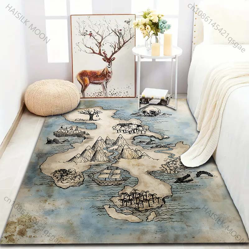 Island Treasure Map Print Carpet for Bedroom Living Room Bedside Sofa Floor Mat Modern Home Decor Area Rug Large Size