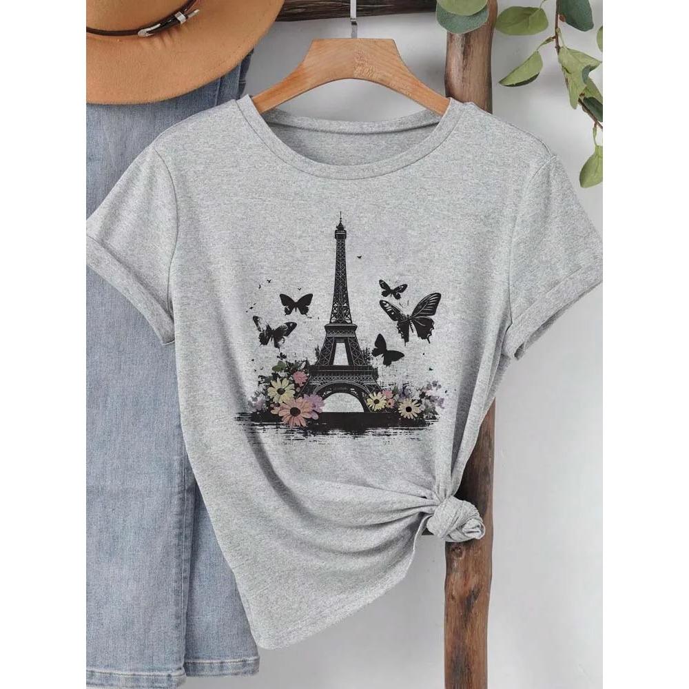 

Женская футболка с принтом Эйфелевой башни, забавная футболка Y2K с круглым вырезом для девочек, повседневная одежда 90-х 6XL