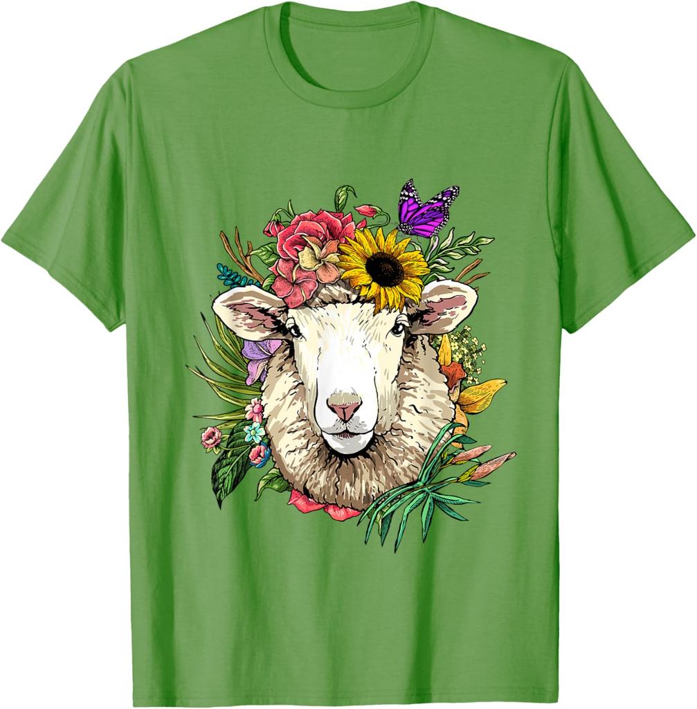 Blumen Schafskopf Kranz T-Shirt Tierliebhaber Bauernhof Grafik T-Shirt Frühling Sommer Freizeit