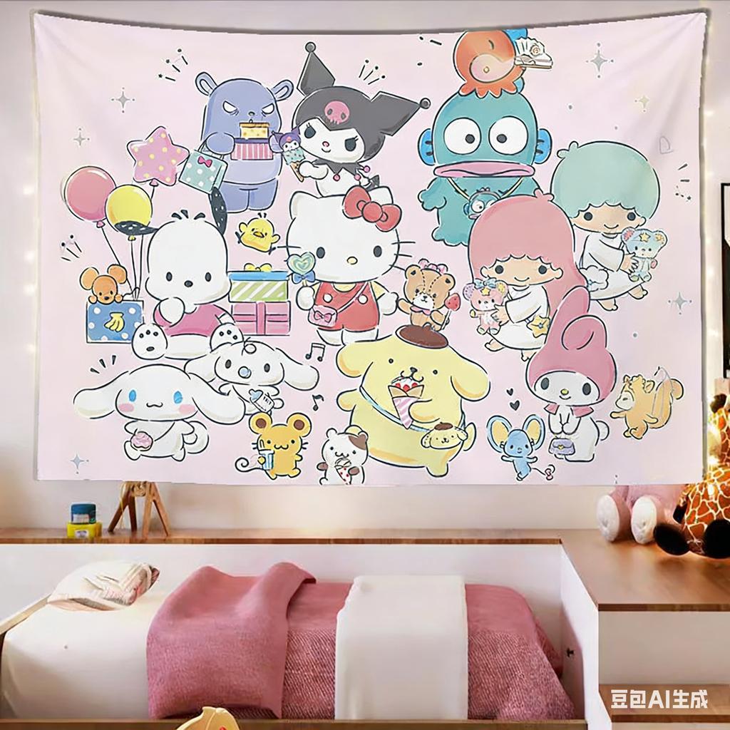 Kawaii Cartoon Characters Gift Box Tapestry Sweet Pastel Group Print Polyester Wall Hanging Cute Pink Themed Home Decor for Be