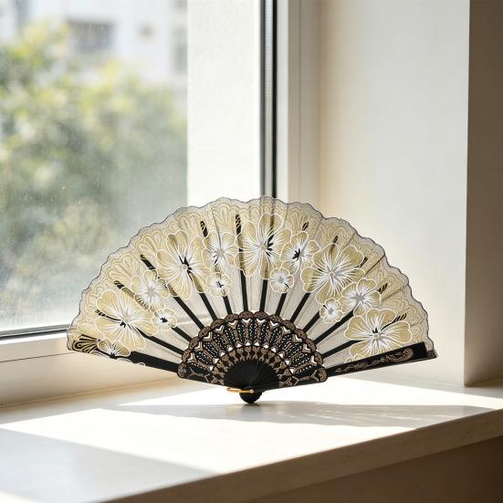 Floral Print Folding Fan Chinese Style Plastic Ribs Hand Held Fan Portable Summer Cooling Fan Dance Performance Party Props