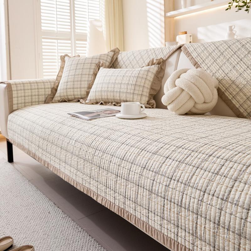 Quilted Washed Cotton Sofa Cushion Korean Small Fresh Fabric Non-slip Solid Wood Sofa Cover  New Seat Cushion