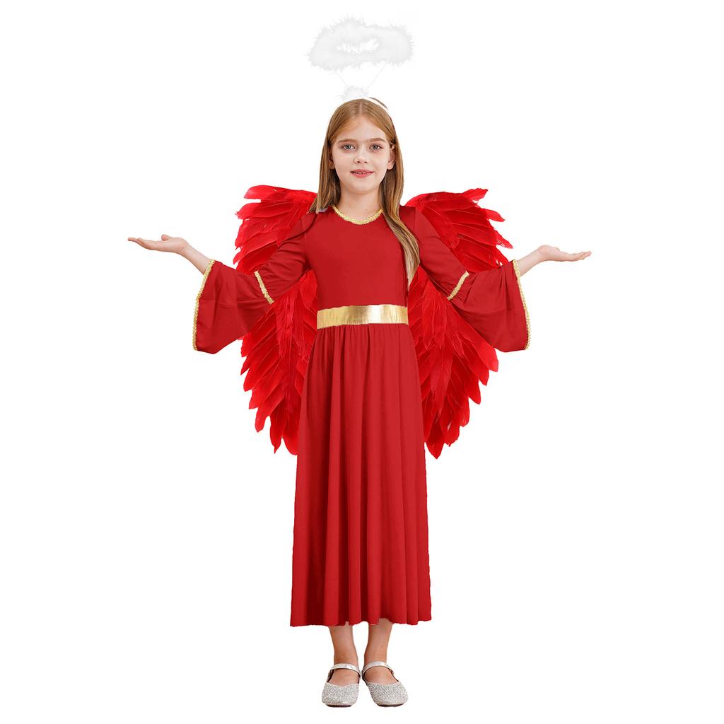 Girls 3 Piece Angel Costume Long Sleeve Gold Trim Gown Feather Hairband Angel Wings Dress Up Performance Outfit