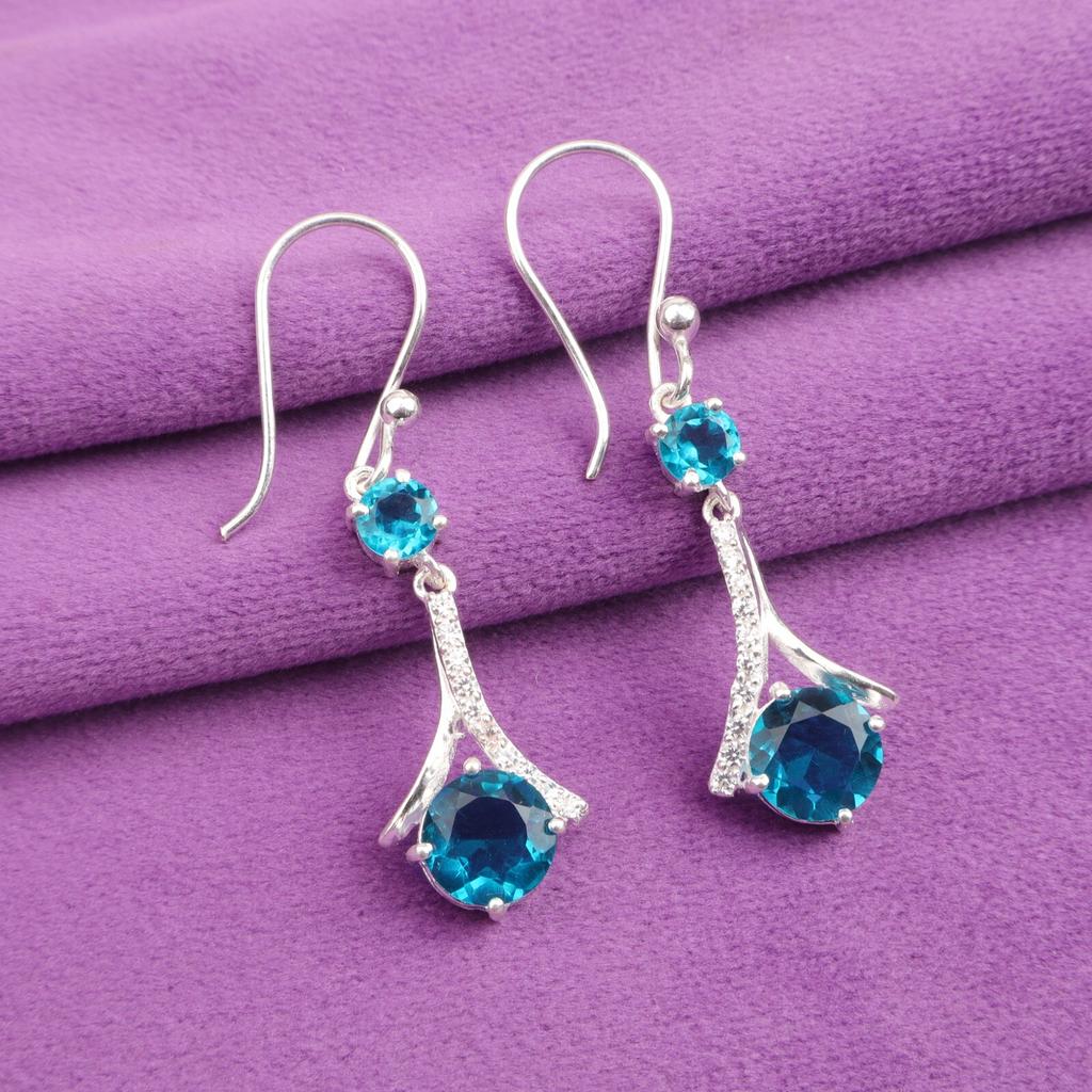 Natural Apatite Gemstone 925 Sterling Silver Zircon Drop/Dangle Earrings 1.84" CZE-9-1