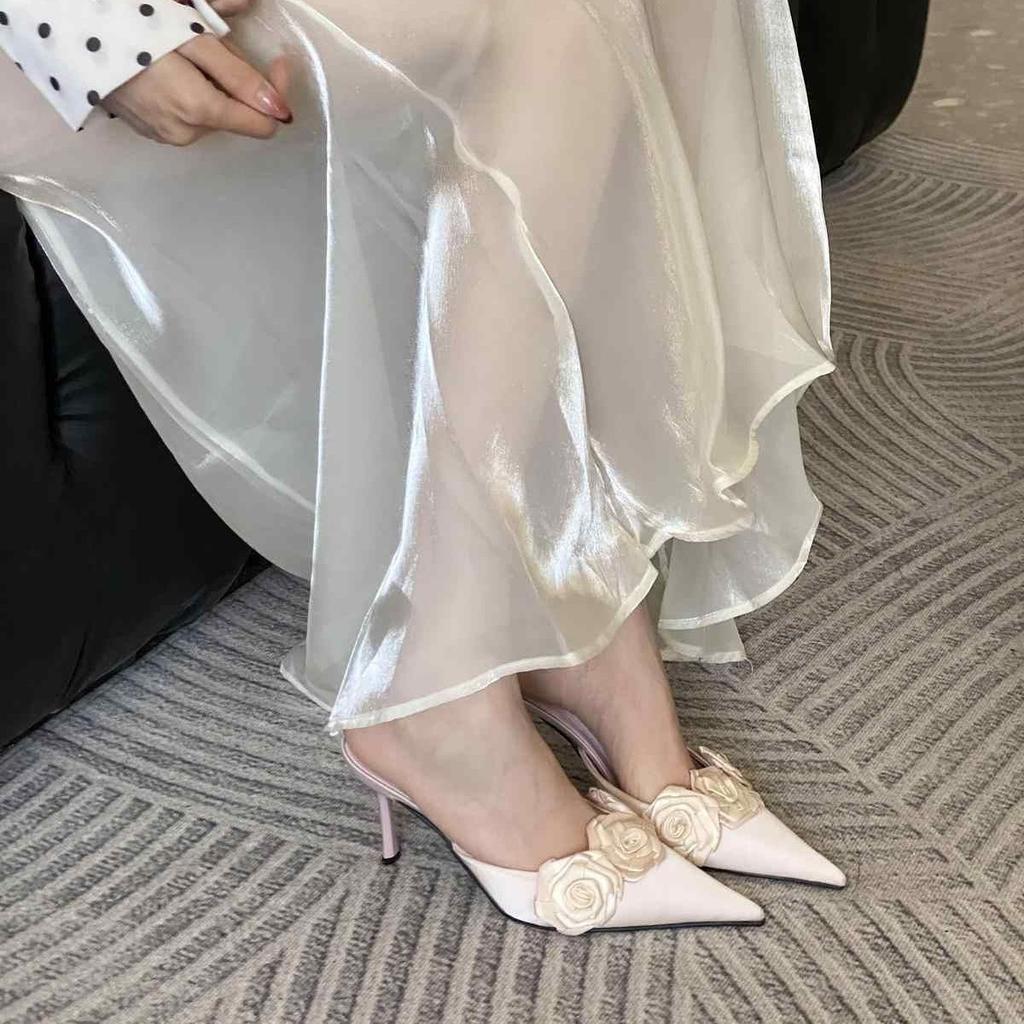 2025 Frühling neue spitze Zehen dünner Absatz hoher Absatz Temperament dünn französische Mode sexy schöne Tasche Kopf Halbslipper Damenschuhe