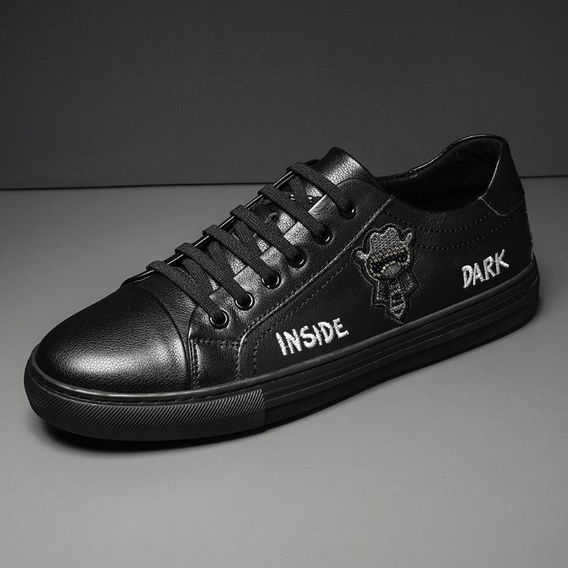 Fashion Men Genuine Leather Casual Shoes Street Cool Embroidery Flat Skate Shoes Young Man Street Cool Loafers