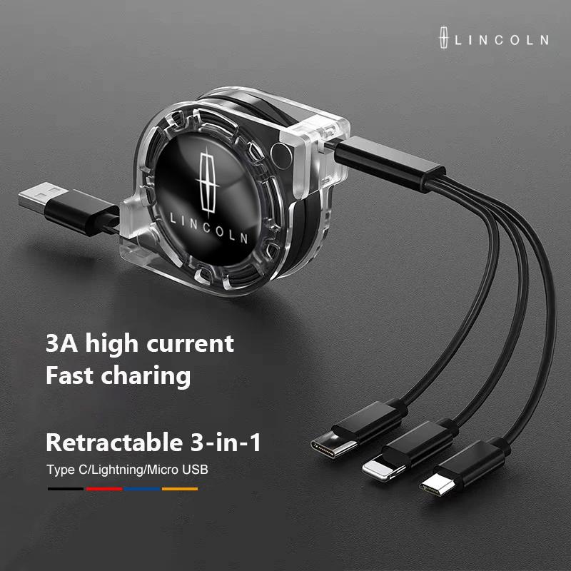 3 In 1 Car Logo Fast Charging Cable Micro USB Type C Telescopic Charger For Lincoln Navigator Nautilus Aviator MKZ MKX MKC MKT yh9