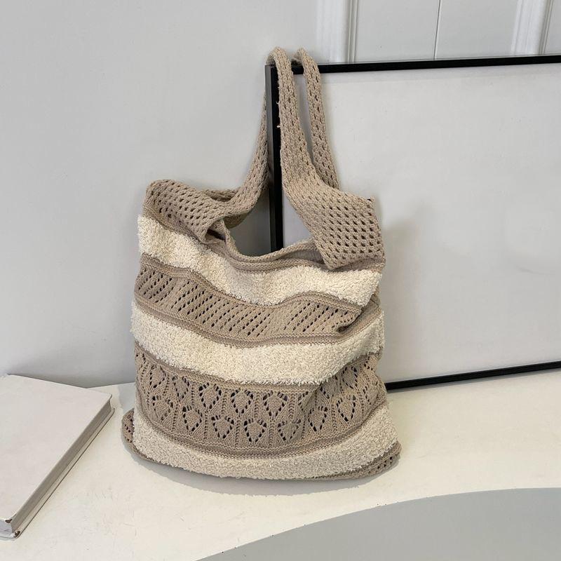 

Yogodlns Fashion Vintage Colour Blocking Striped Knitted Hollow Tote Bag Large Capacity Shopping Shoulder Bag Handbag for Women 36x10x31cm хакі