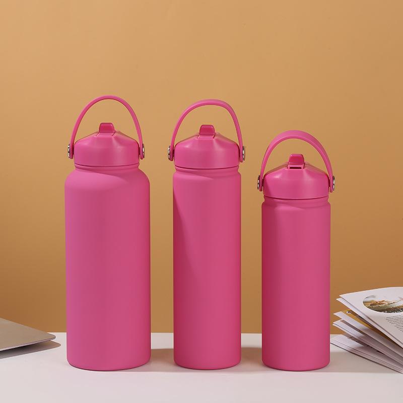 0.5-1L Stainless Steel Sports Water Bottle Wide Mouth Leakproof Insulated Flask with Detachable Straw Carry Handle Gym TravelCup
