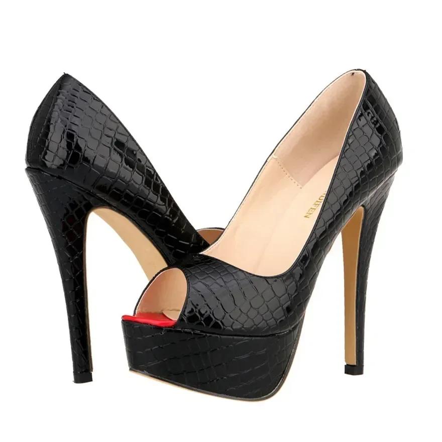 Women Sandals Pumps 14cm Sexy Peep Toe Platform High Heels Crocodile Pattern Shallow Party Stilettos Female Red Wedding Shoes