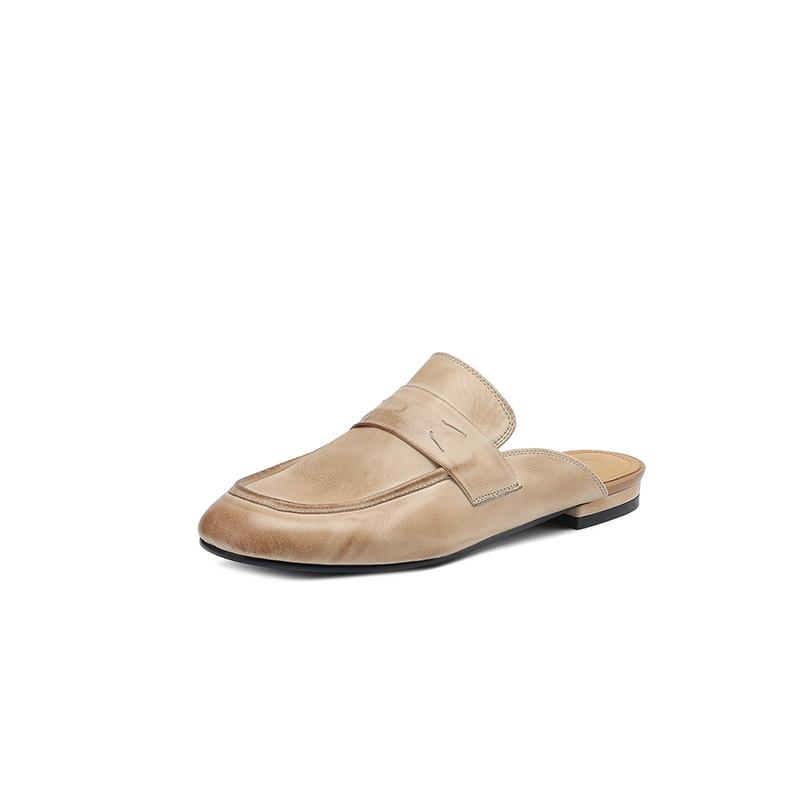 Fashion NEW Summer Women Mules Genuine Leather Shoes for Women Round Toe Low Heel Shoes Cover Toe Slip-on Women Sandals Retro Slippers