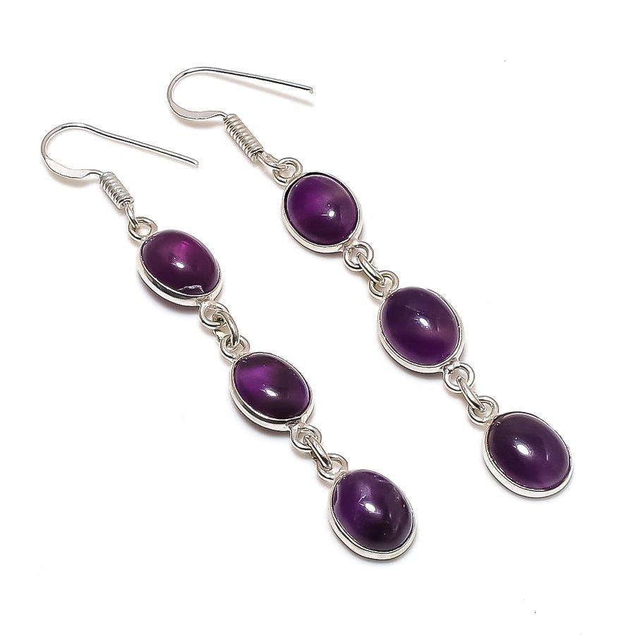 Natural Sage Amethyst Gemstone 925 Sterling Silver Jewelry Earring 2.76" AE-13079