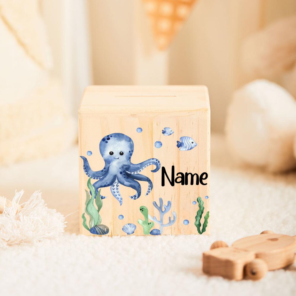 

Money Box Personalized Child Wooden Money Box with Name Customized Cute Cartoon Piggy Bank Baptism Gift Baby Birth Gift