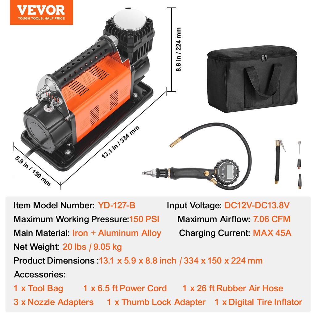 VEVOR 12V Heavy Duty Air Compressor - with Digital Pressure Gauge Tire Inflator Kit, 7.06 CFM Portable Tire Inflator