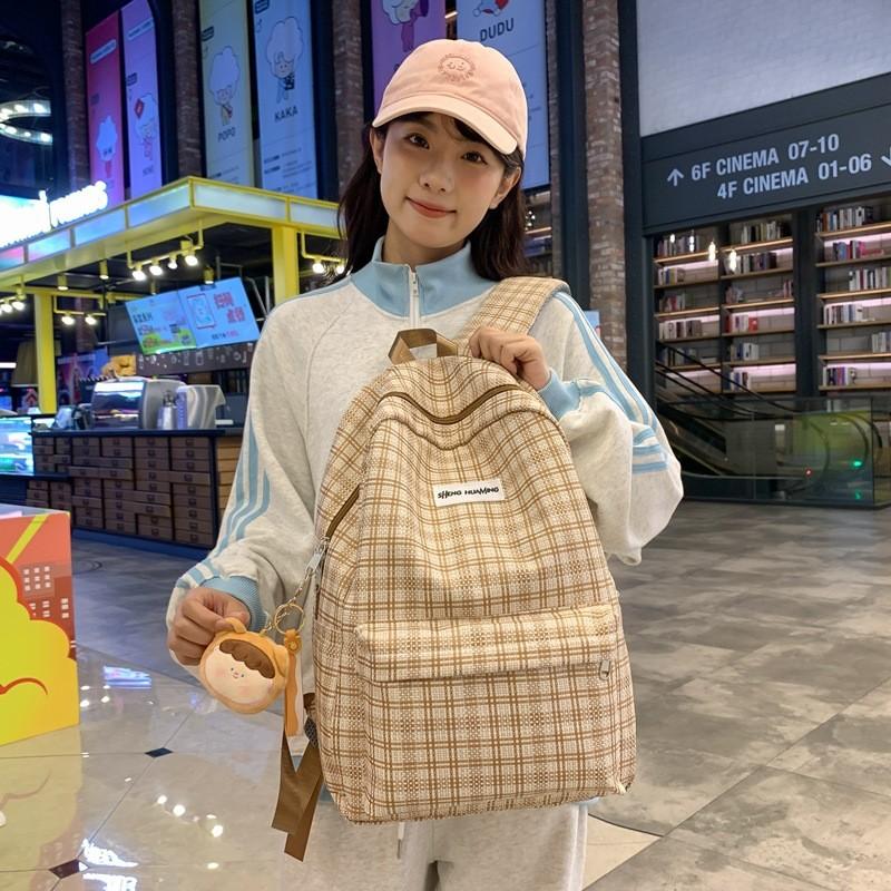 Checkered Letter Pattern Student Casual Backpack With Plush Pendant For Casual Travel