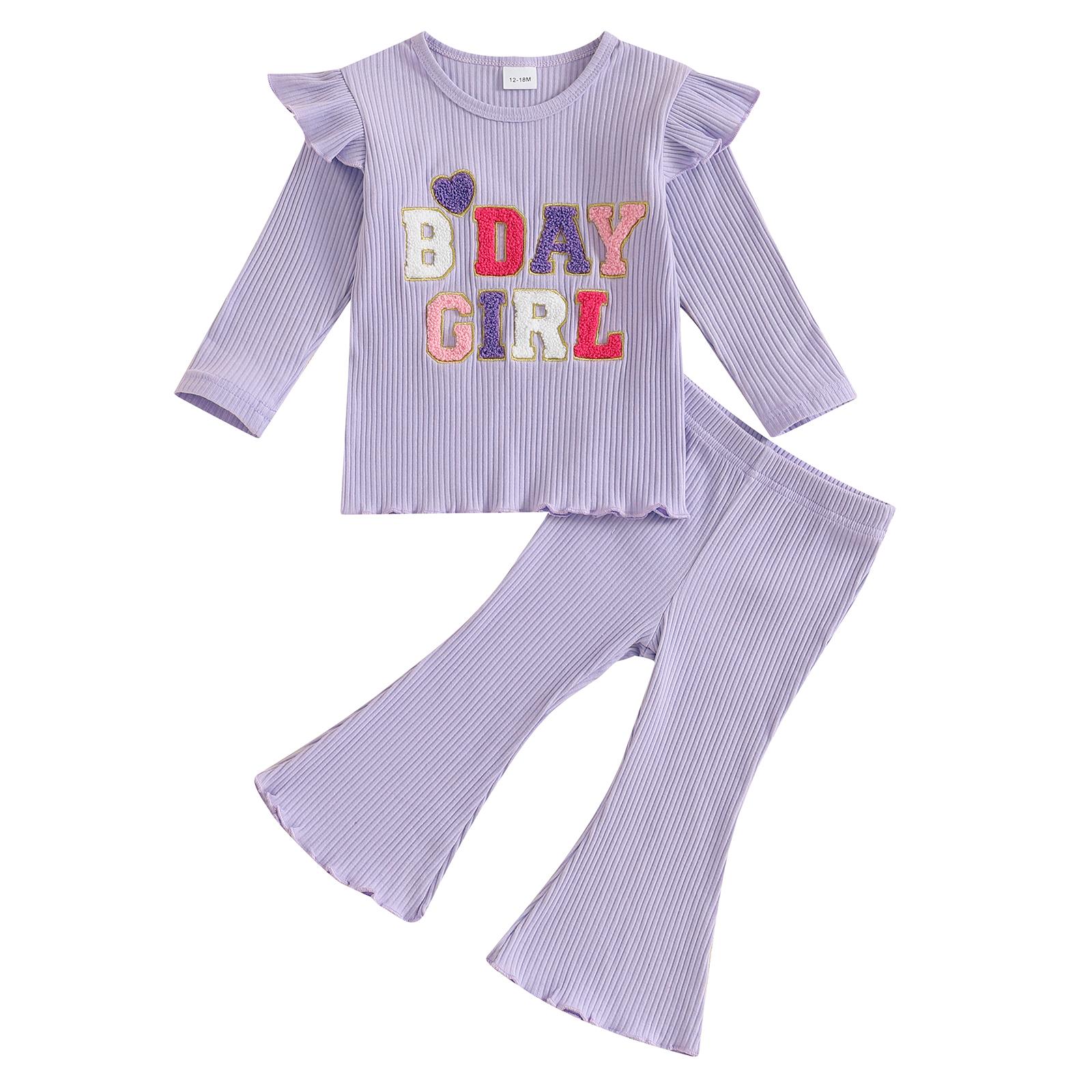 

Комплекты одежды на день рождения для маленьких девочек, топы с вышитыми буквами и рукавами-крылышками, однотонные расклешенные брюки 12-18M фиолетовый