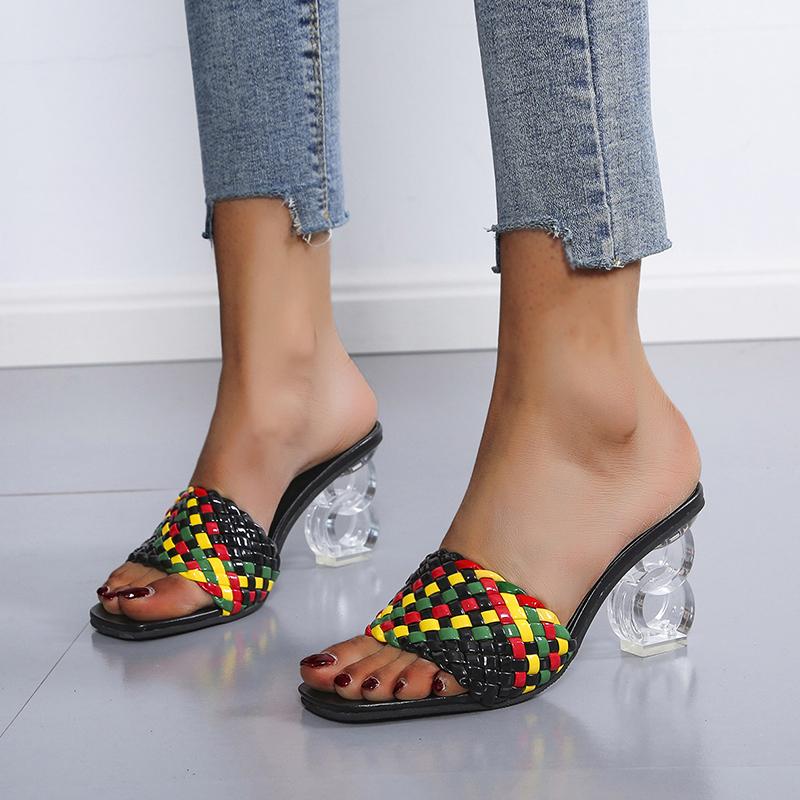 Plus Size Women's Woven Design High-heeled Slippers Summer New Thick Colorful Woven Anti-slip Fashion Open-toed Slippers.