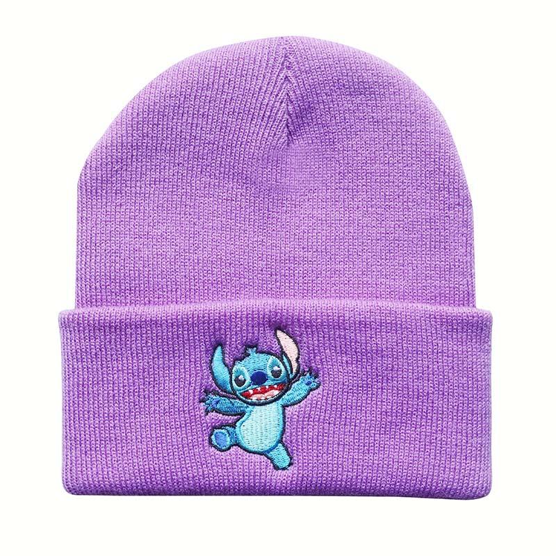 Unisex Student Cartoon Stitch Embroidered Knit Hat Outdoor Pullover Warm Hat Hip-Hop Beanie
