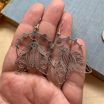 Intricate Moon Phase Cutout Textured Moth Dangle Earrings - Unique Womens Fashion Party Jewelry with Celestial Charm - Perfect Gift Ones
