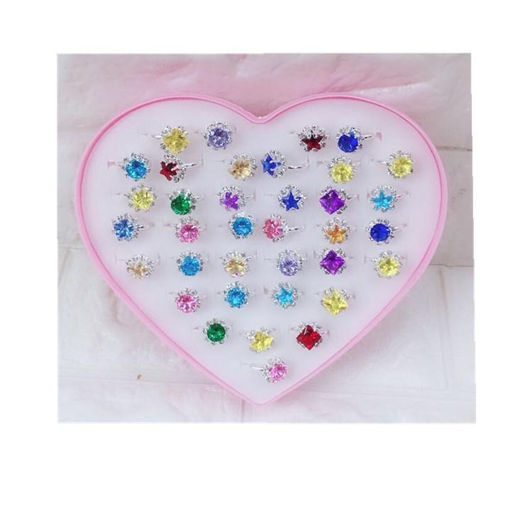 36-Piece Colorful Heart-Shaped Diamond Gemstone Rings for Girls' Birthdays