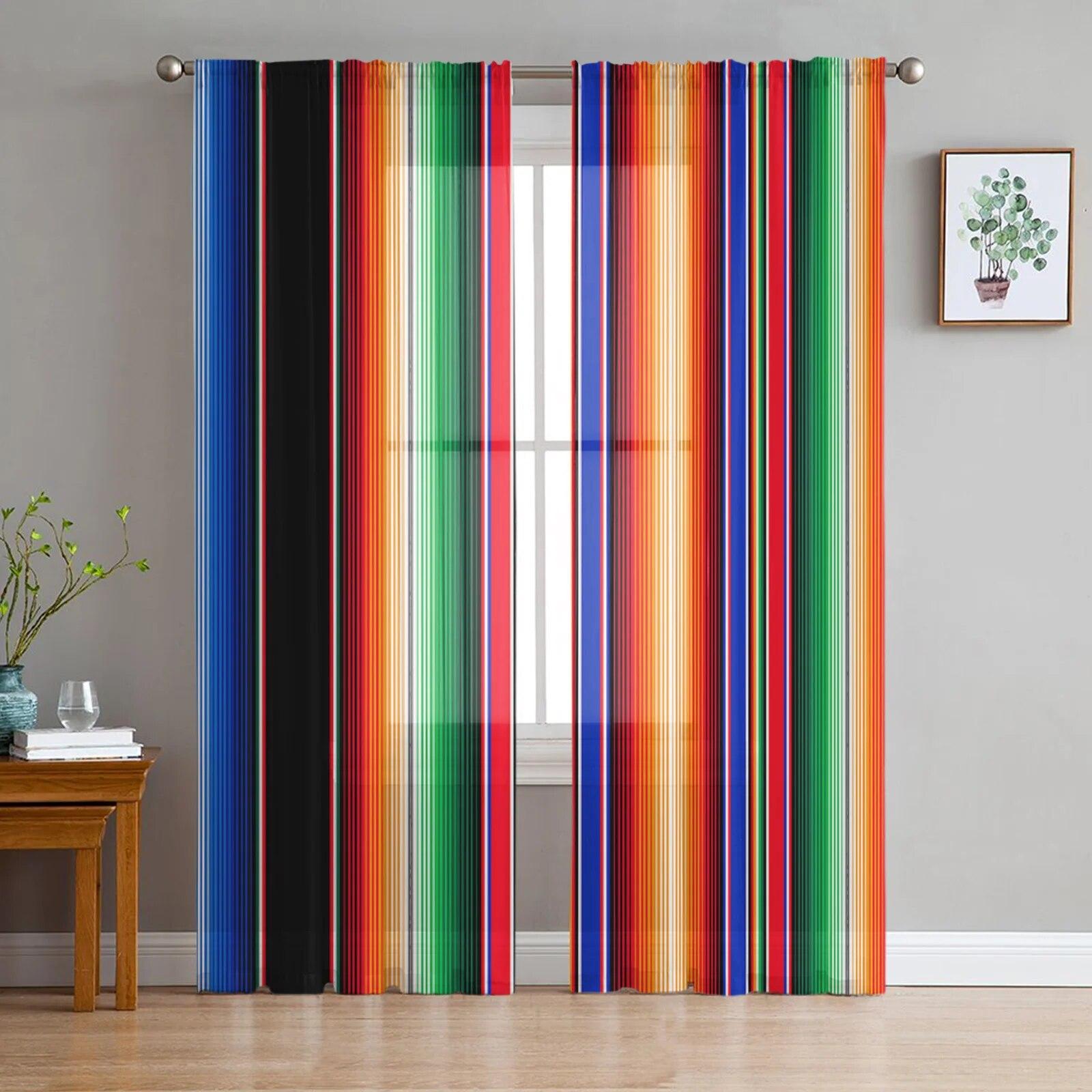 

Purple Green Vertical Bar Sheer Curtains Transparent Voile Tulle for Bedroom Window Holiday Decoration 135W x 114H(cm)