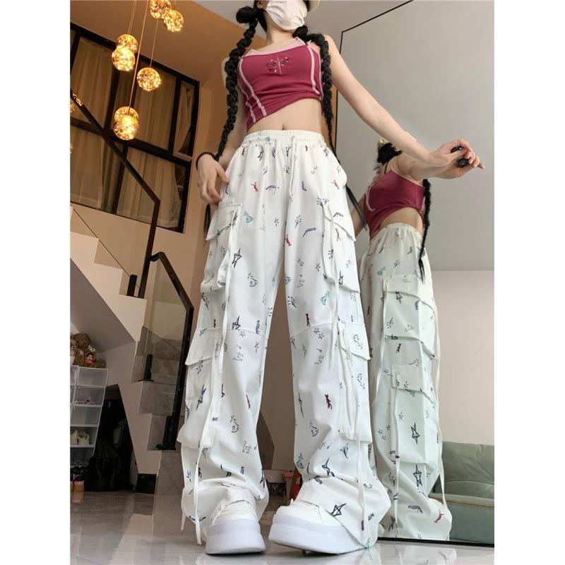 

Американские рабочие брюки с принтом, дизайнерские брюки с большими карманами, свободные прямые танцевальные повседневные брюки для женщин L белый