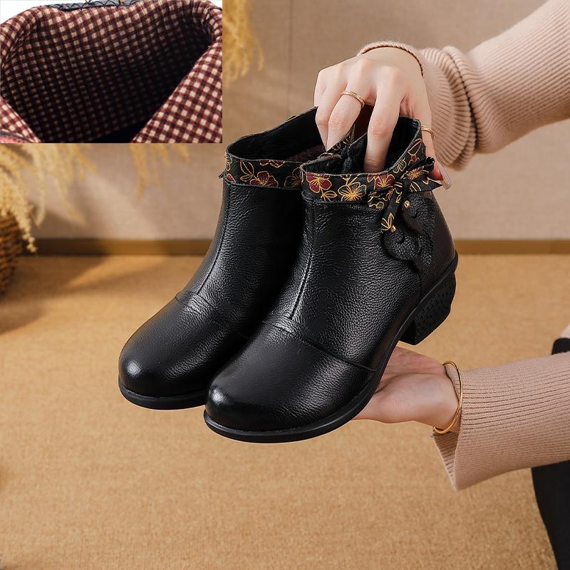 Johnature Genuine Leather Shoes Retro Ethnic Style Thick Heel Versatile Women's Short Boots