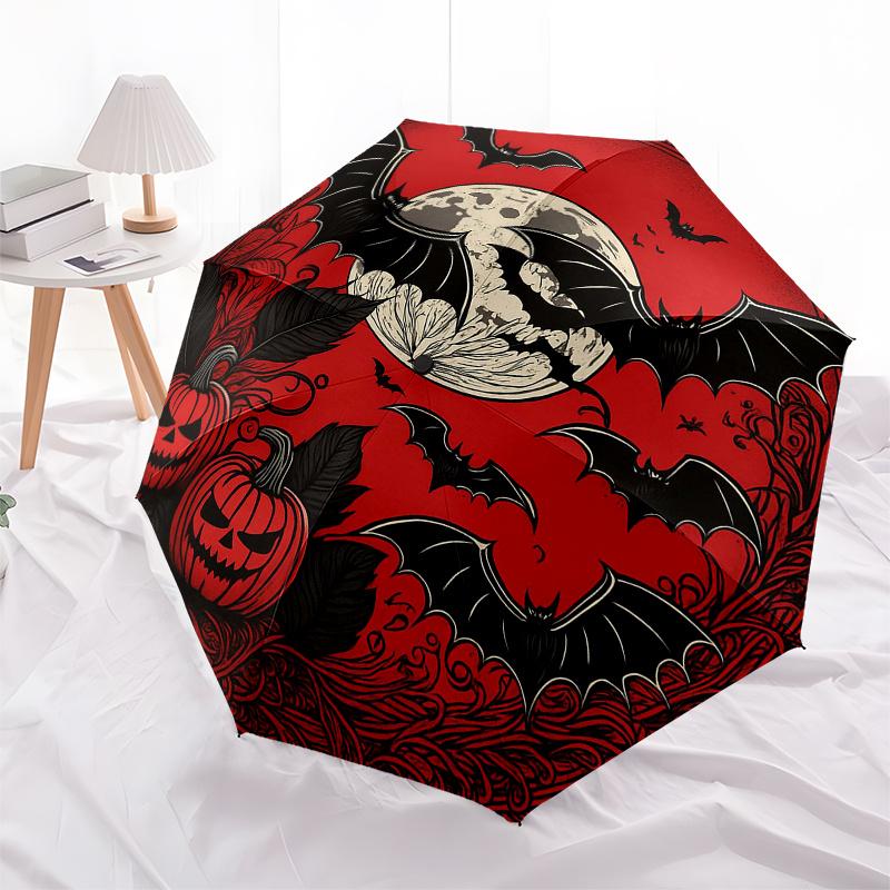Halloween Moonlit Night Bat & Pumpkin Decorative RoundelUmbrella, Portable 3-Fold Compact Umbrella for Men & Women Gift